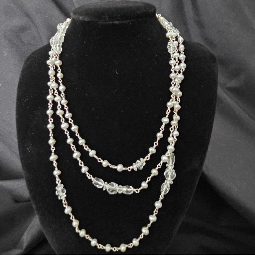 Sterling Silver Pearl & Crystal Station Necklace – 21”